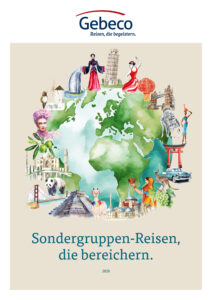 Gebeco Titelbild Sondergruppen-Reisen 2026 – Weltkarte mit kulturellen Highlights und globalen Reisesymbolen