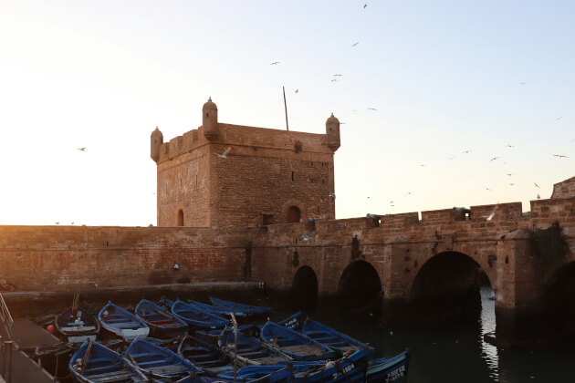 Hafenfestung von Essaouira mit blauen Fischerbooten und historischem Wachturm im Abendlicht. | Gebeco 