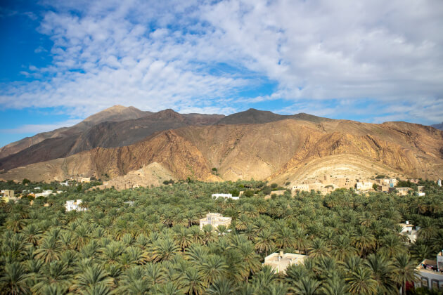 Jebel Akhdar Gebirge mit Palmen und versteckten Häusern. | Gebeco