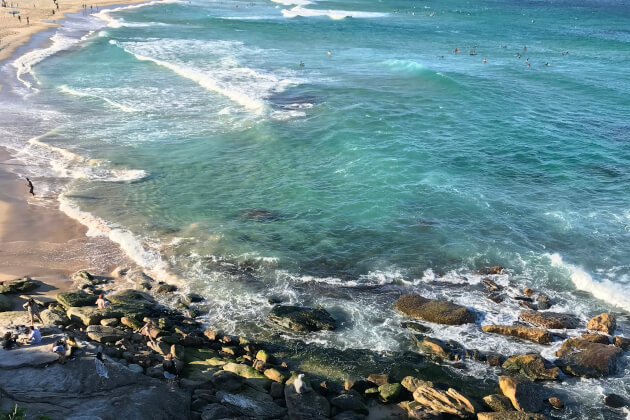 Bondi Beach in Sydney bei Sonnenschein mit türkisfarbenem Wasser, Wellen und Badenden an der Küste Australiens. | Gebeco