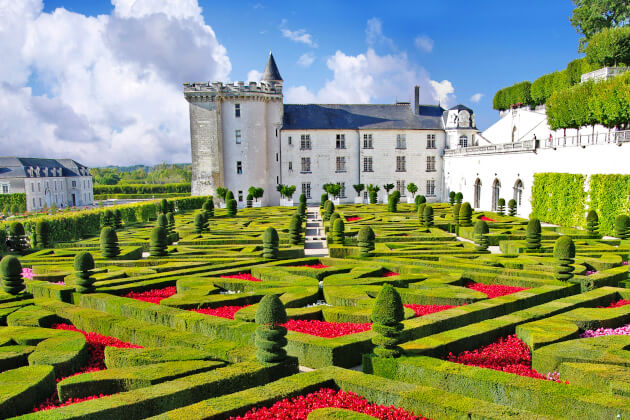 Barocke Gartenanlage von Schloss Villandry an der Loire in Frankreich mit symmetrischen Heckenmustern und leuchtenden Blumenbeeten im Sommer. | Gebeco 
