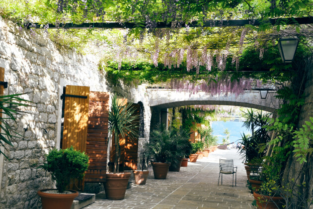 Mediterraner Innenhof in Budva mit Natursteinmauern, Blumentöpfen und Glyzinienpergola am Meer. | Gebeco