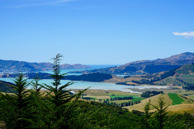 Atemberaubende Aussicht auf die hügelige Landschaft und die türkisfarbene Bucht rund um Christchurch, Neuseeland. | Gebeco