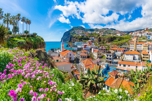 Blühender Garten mit Blick auf die Küste von Funchal auf Madeira, Portugal. | Gebeco