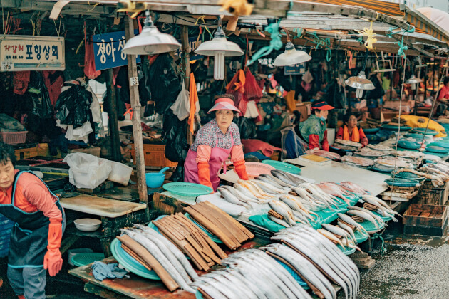 Fischverkäuferinnen auf dem Jagalchi-Fischmarkt in Busan, Südkorea, bieten frisch gefangenen Fisch an traditionellen Marktständen an. | Gebeco