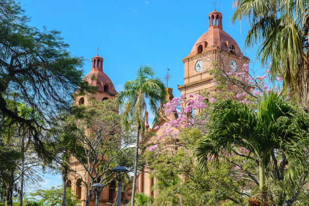 Kolonialkirche mit Doppelturm der Kathedrale von Santa Cruz de la Sierra umgeben von Palmen und Blüten unter blauem Himmel