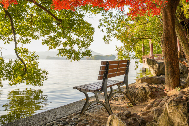 Parkbank am Ufer des Westsees in Hangzhou im Herbst, umgeben von grünem und rotem Laub, mit Blick aufs Wasser und Naturidylle