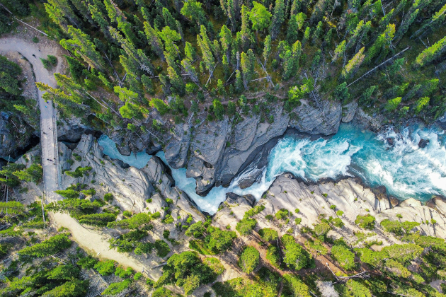 Schlucht mit türkisblauem Fluss und Brücke am Icefields Parkway im Banff Nationalpark