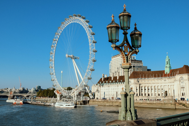 London Eye am Ufer der Themse mit City-Skyline im Hintergrund