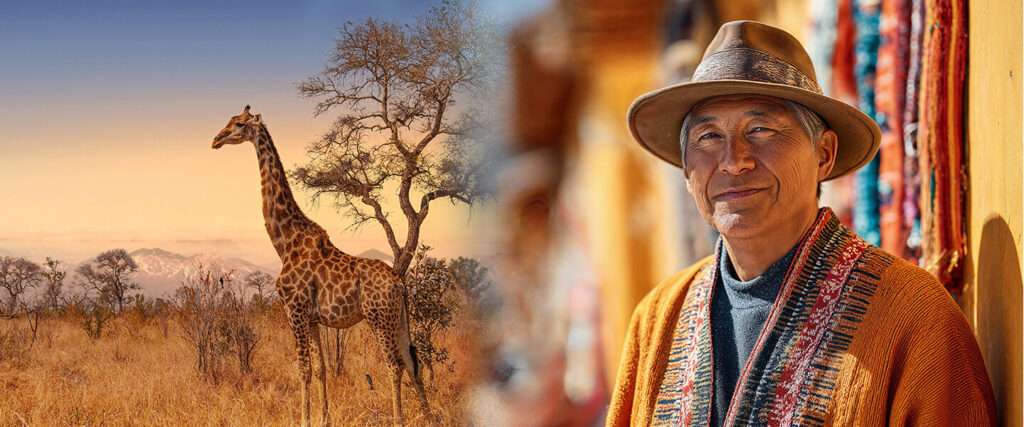 Geteiltes Bild mit Giraffe in afrikanischer Savanne bei Sonnenuntergang und Mann in traditioneller südamerikanischer Kleidung mit Hut vor buntem Hintergrund.