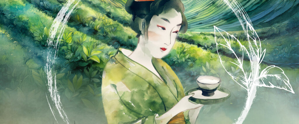 Traditionelle Teekultur Asiens – Teeplantage, Frau im Kimono, Pagode und Segelschiff als künstlerische Komposition