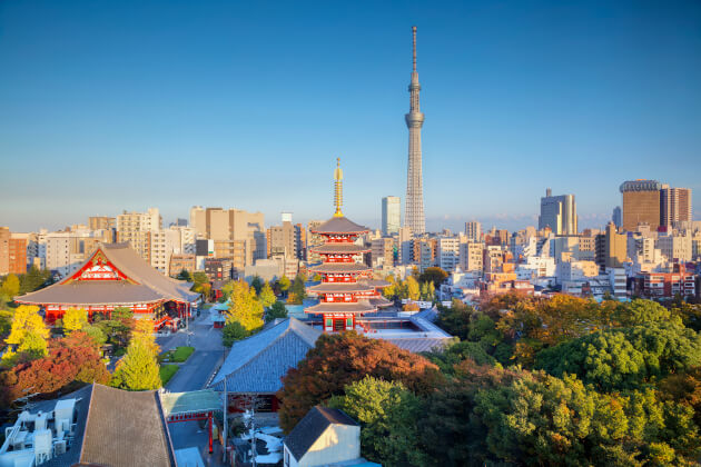 Blick auf den Senso-ji Tempel und die Skyline von Tokio mit dem Tokyo Skytree. | Gebeco
