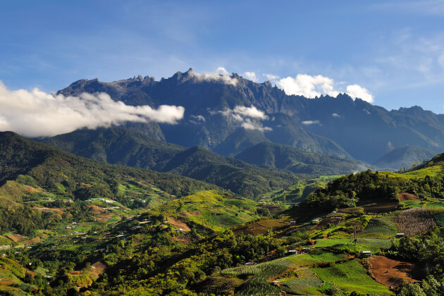 Blick auf den majestätischen Mount Kinabalu auf Borneo in Malaysia mit grünem Tal im Vordergrund und steiler Felswand im Hintergrund. | Gebeco