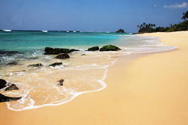 Strand von Unawatuna in Sri Lanka mit hohen Palmen, ruhiger Brandung . | Gebeco