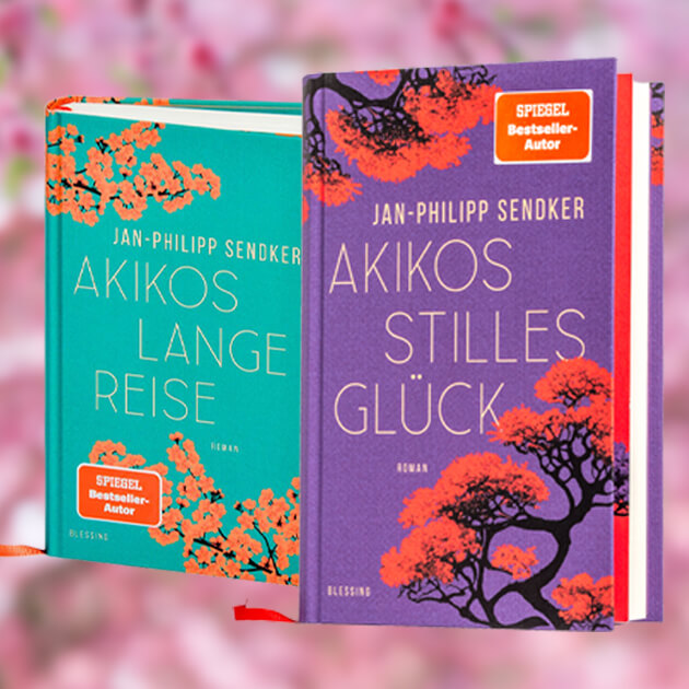 Zwei Japan-Romane von Jan-Philipp Sendker: "Akikos lange Reise" (türkis) und "Akikos stilles Glück" (violett) mit Kirschblüten-Motiven, SPIEGEL-Bestseller-Autor, vor rosa Blütenhintergrund.