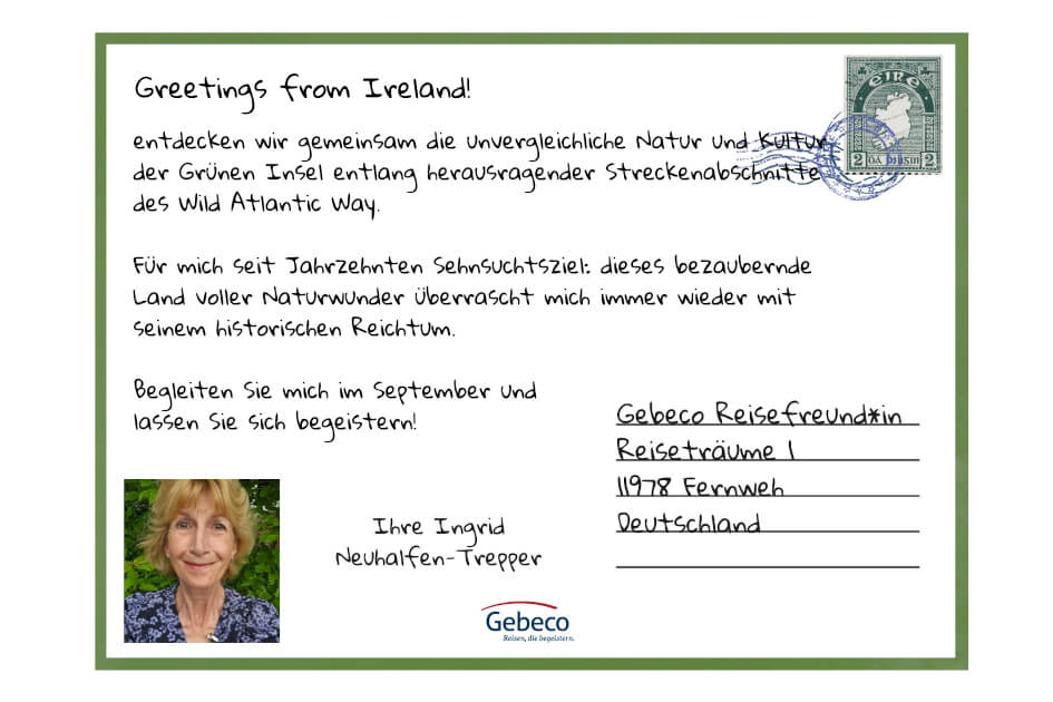 Postkarte von der Grünen Insel Irland von Reiseleiterin Ingrid Neuhalfen-Trepper. | Gebeco