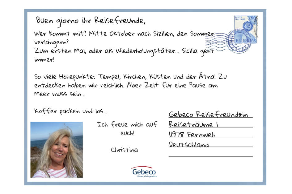 Postkarte von der schönen Insel Sizilien von Christine Karmrodt. | Gebeco