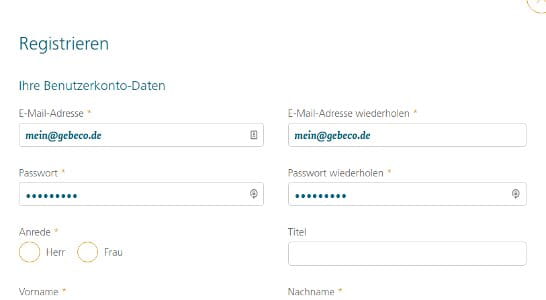 Anmeldefelder zum Registrieren für Mein Gebeco