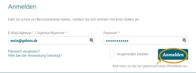 Anmeldefenster Mein Gebeco