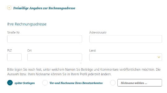 Felder zum Eintragen der Rechnungsadresse für das Mein Gebeco Konto