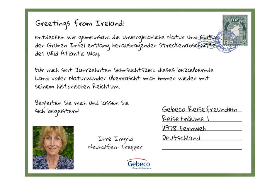 Postkarte von der Grünen Insel Irland von Reiseleiterin Ingrid Neuhalfen-Trepper. | Gebeco-Trepper