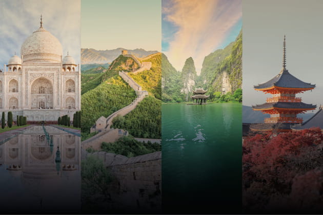 Gebeco Asia Lounge: Taj Mahal in Indien, Chinesische Mauer, Karstlandschaft mit Pavillon in Vietnam und Pagode in Kyoto, Japan