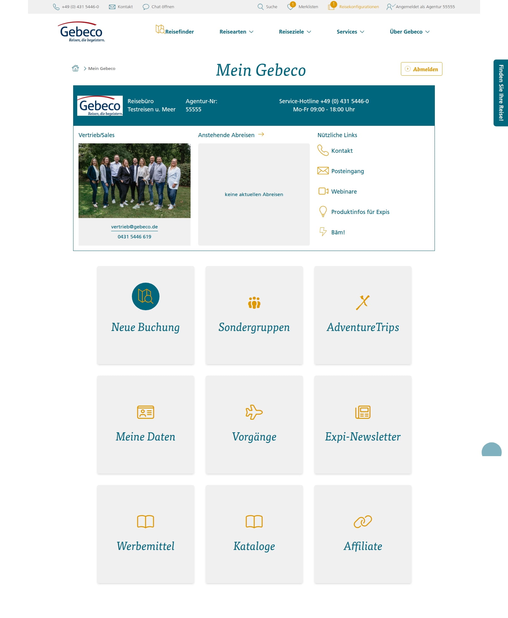 Startseite des Gebeco Agenturlogins