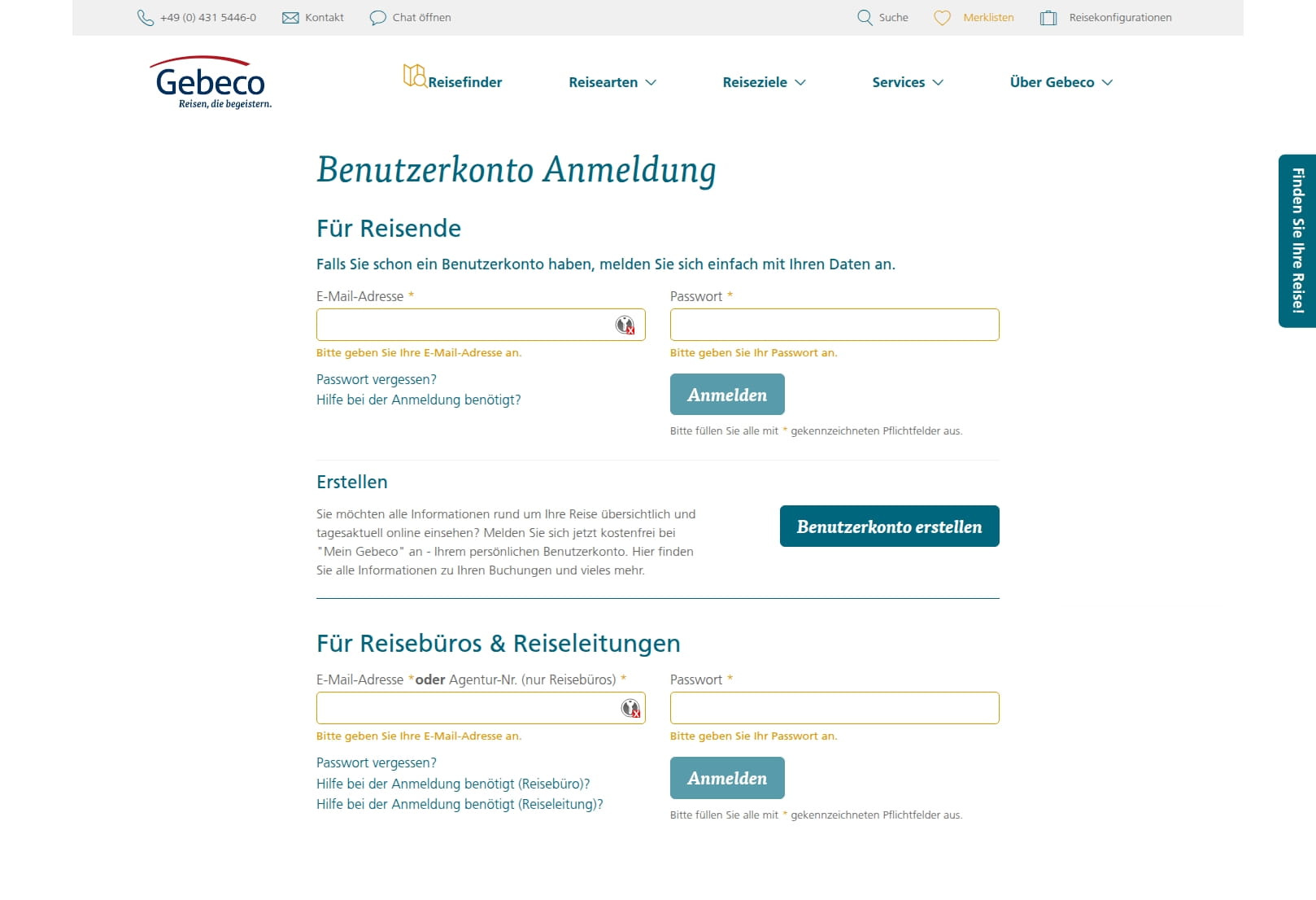 Login-bereich von Mein Gebeco für Expis, Reiseleitung oder Kunden
